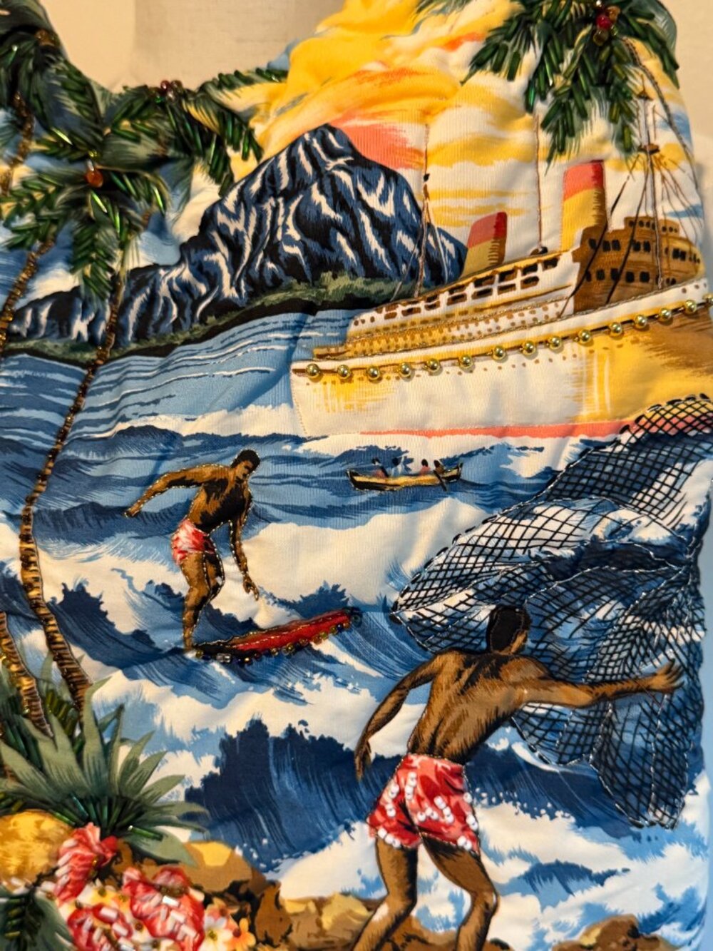 Retro Tropical Hawaiian Print Tote Bag with Bamboo Handles - Picture 3 of 9